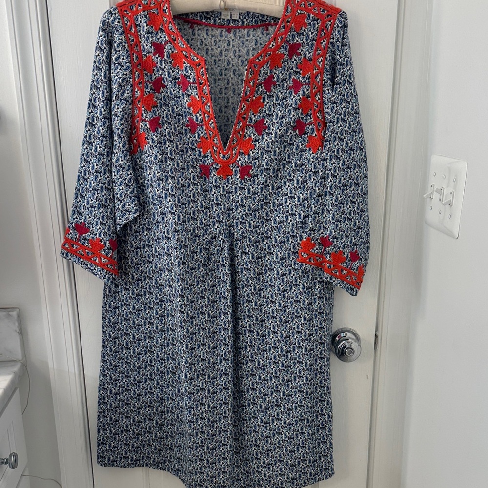 Boden Navy and Light Blue Paisley with red embroidery. Cotton swing dress size 8